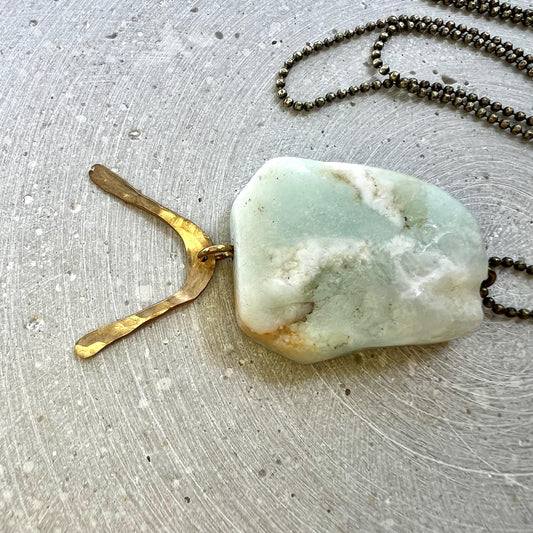 Amazonite Stone Pendant on Long Ball Chain, Gemstone Disc with Hammered Brass Arc, Boho Hippie Jewelry, No Clasp Necklace