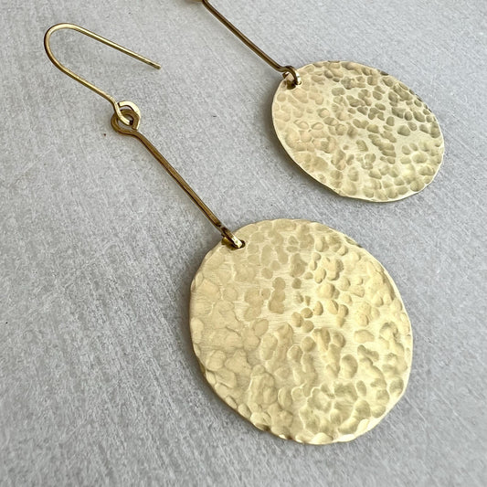 Extra Long Circle Earrings, Hammered Brass Statement Earring, Golden Dangle, Large Chandelier