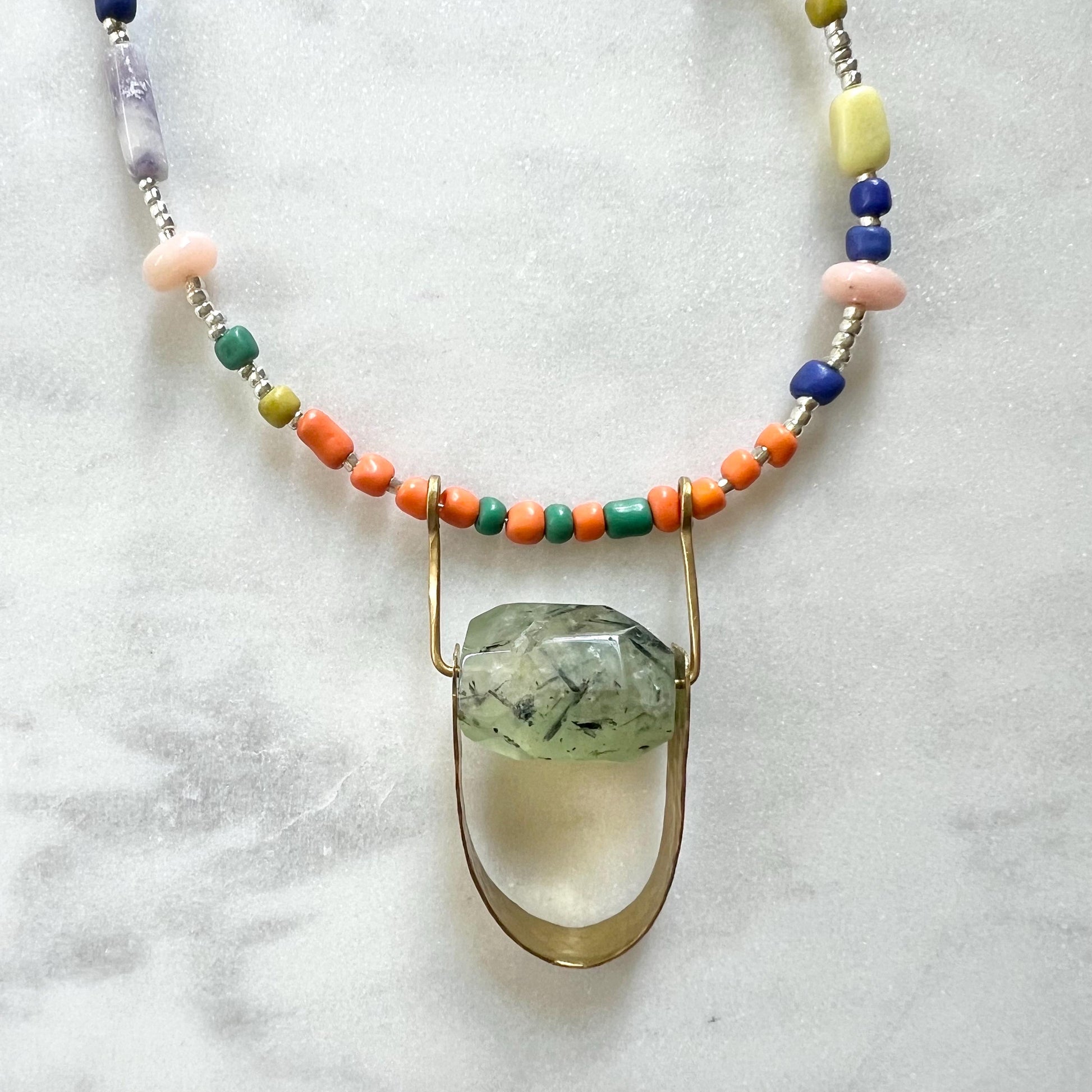 Long Colorful Gemstone and Seed Bead Necklace, Prehnite Pendant on Long Beaded Chain