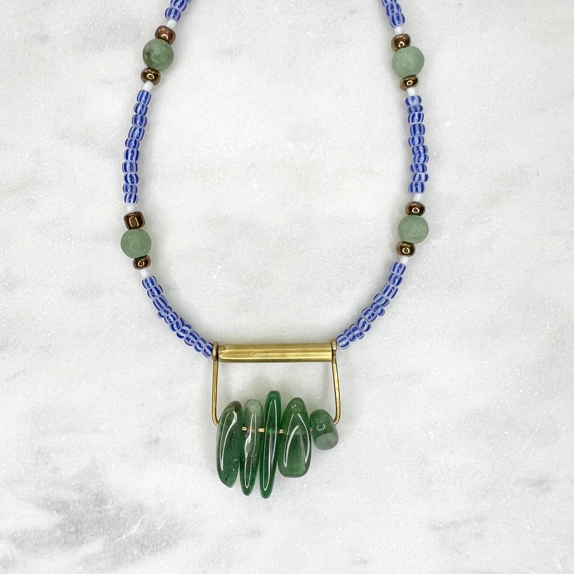 Royal Blue Seed Bead Necklace with Aventurine Pendant, Blue and Green Boho Jewelry, One of a Kind