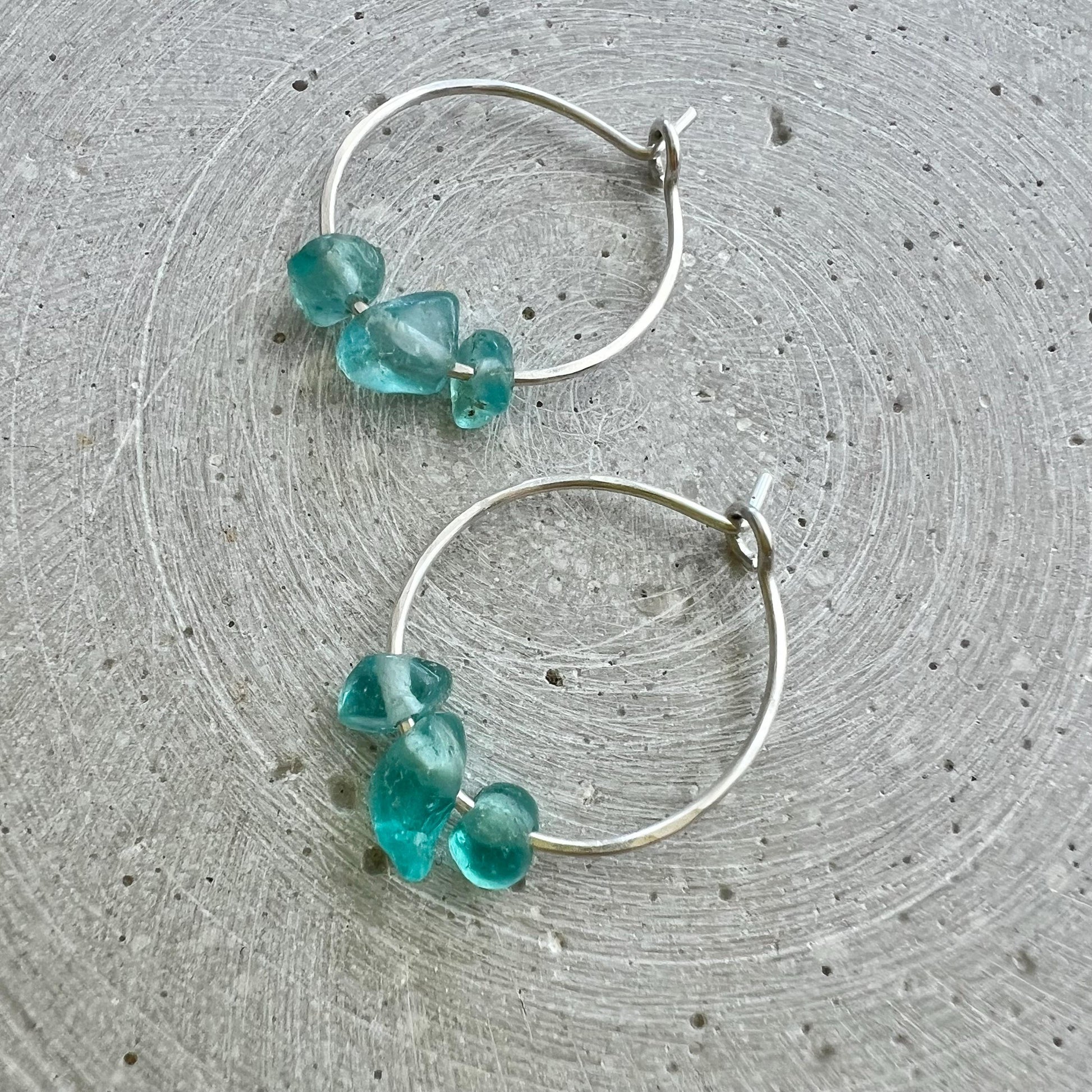 Apatite Hoop Earrings, Dainty Gemstone Creole with Turquoise Blue Nuggets