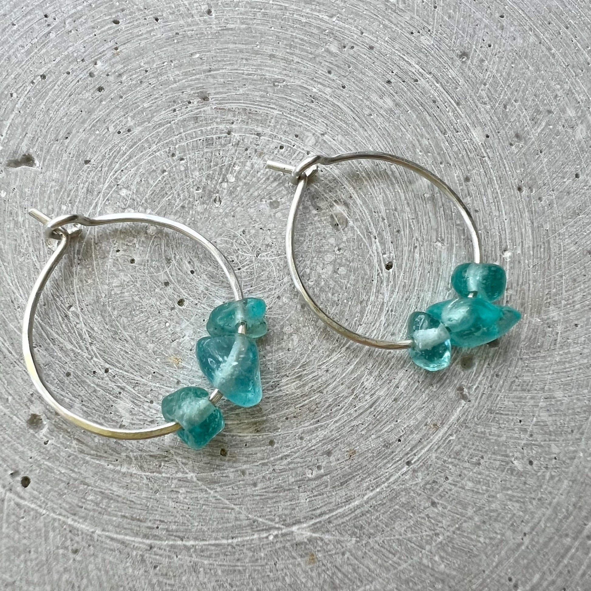 Apatite Hoop Earrings, Dainty Gemstone Creole with Turquoise Blue Nuggets