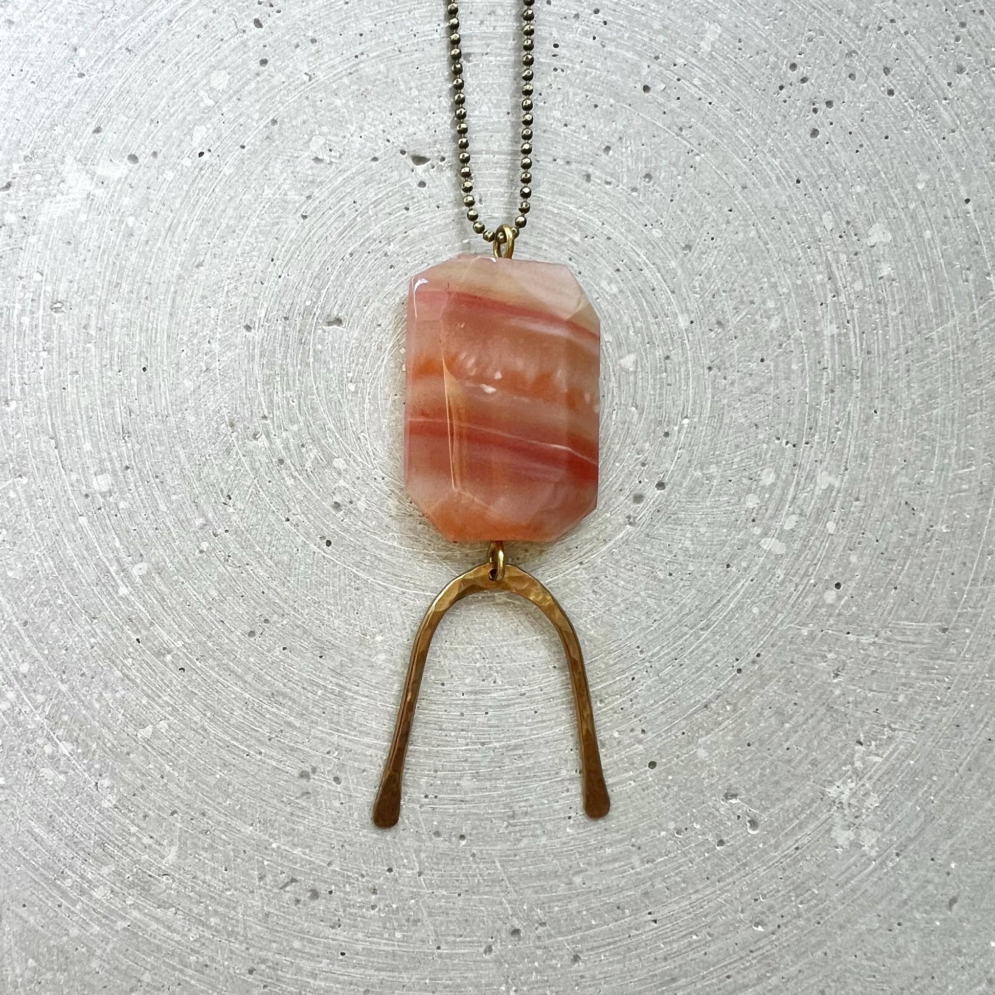 Agate Stone Pendant on Long Ball Chain, Gemstone Disc with Hammered Brass Arc, Boho Hippie Jewelry, No Clasp Necklace