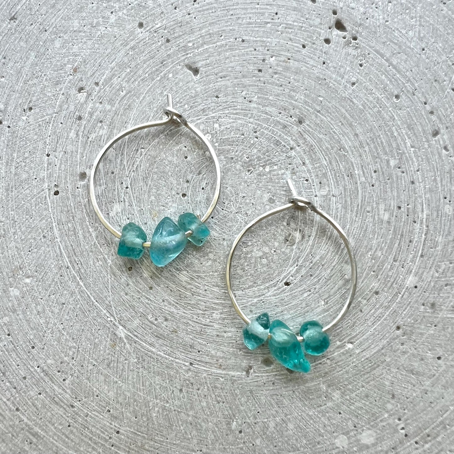 Apatite Hoop Earrings, Dainty Gemstone Creole with Turquoise Blue Nuggets
